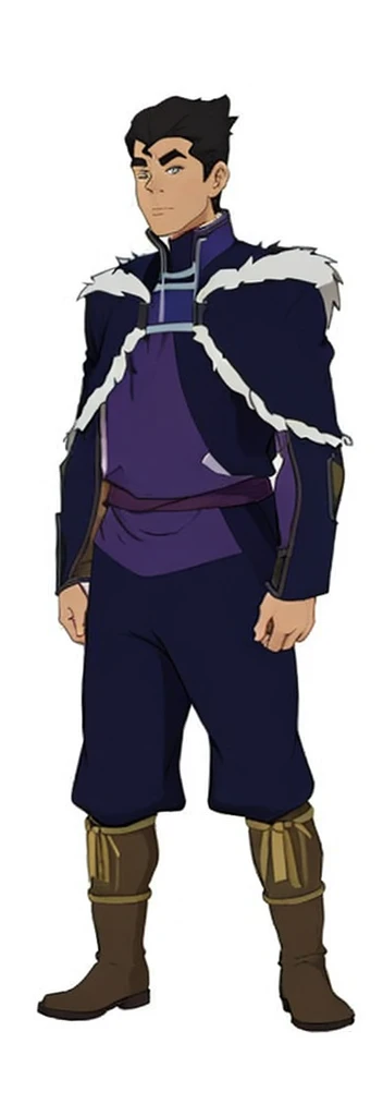 African-American, Bolin, water tribe traditional clothing mixed of blue and purple, with fur in shoulders and neck. Long sleeve, skinny, water tribe outfit. The character is wearing a blue, short-sleeved tunic with gold trim and fastenings down the front and fur collar, and fur on the shoulders. He has on dark purple pants tucked into knee-high boots. A green sash is tied around his waist. The overall style appears to be inspired by traditional East Asian clothing designs., fur on sleeves and shoulders, clothing mixed of water tribe purple and blue color and dark purple pants and skinny