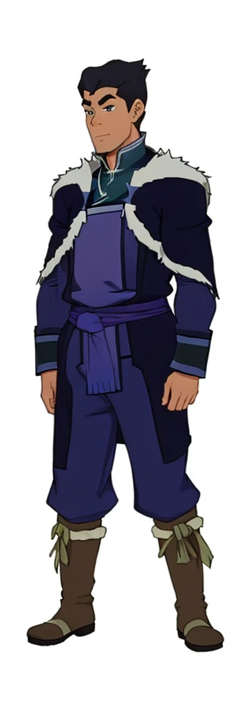 African-American, Bolin, water tribe traditional clothing mixed of blue and purple, with fur in shoulders and neck. Long sleeve, skinny, water tribe outfit. The character is wearing a blue, short-sleeved tunic with gold trim and fastenings down the front and fur collar, and fur on the shoulders. He has on dark purple pants tucked into knee-high boots. A green sash is tied around his waist. The overall style appears to be inspired by traditional East Asian clothing designs., fur on sleeves and shoulders, clothing mixed of water tribe purple and blue color and dark purple pants and skinny