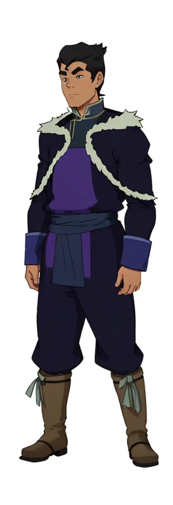 African-American, Bolin, water tribe traditional clothing mixed of blue and purple, with fur in shoulders and neck. Long sleeve, skinny, water tribe outfit. The character is wearing a blue, short-sleeved tunic with gold trim and fastenings down the front and fur collar, and fur on the shoulders. He has on dark purple pants tucked into knee-high boots. A green sash is tied around his waist. The overall style appears to be inspired by traditional East Asian clothing designs., fur on sleeves and shoulders, clothing mixed of water tribe purple and blue color and dark purple pants and skinny 