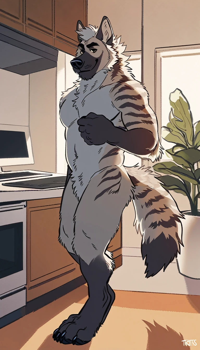solo, male, anthro (striped hyena), by tritscrits, (by botch:0.7), digitigrade, digital artwork, (flat colors:1.3), striped hyena tail, mature male, sexy, ((detailed background)), athletic, gray fur, looking at camera,