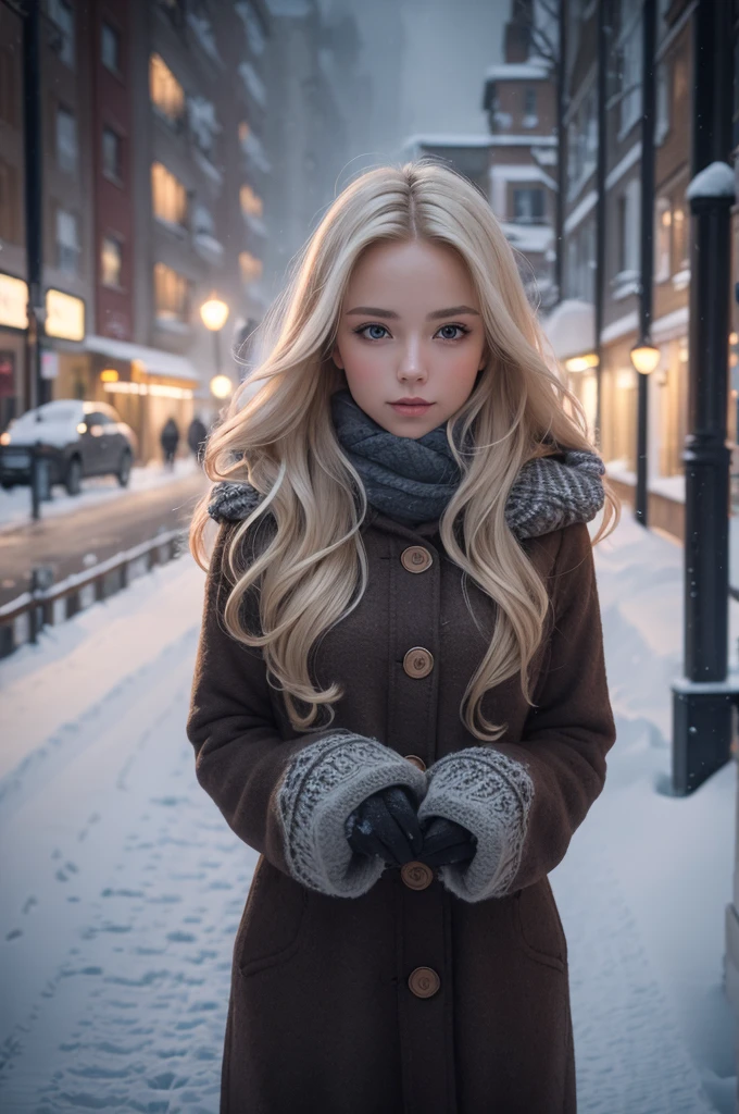 professional photography of a beautiful norwegian girl in winter clothes with long wavy blonde hair, sensual and seductive look, beautiful symmetrical face, beautiful natural makeup, wearing chic warm winter fashion clothing, ((standing outside on the snowy city street)), impressive modern urban environment, ultra realistic, conceptual artwork, chic, highy detailed, intricate, sharp focus, Depth of field, f/1. 8, 85 mm, medium shot, mid shot, (((professional color grading))), soft and bright diffused light, (Volumetric fog), Trends on Instagram, HD 4k, 8K