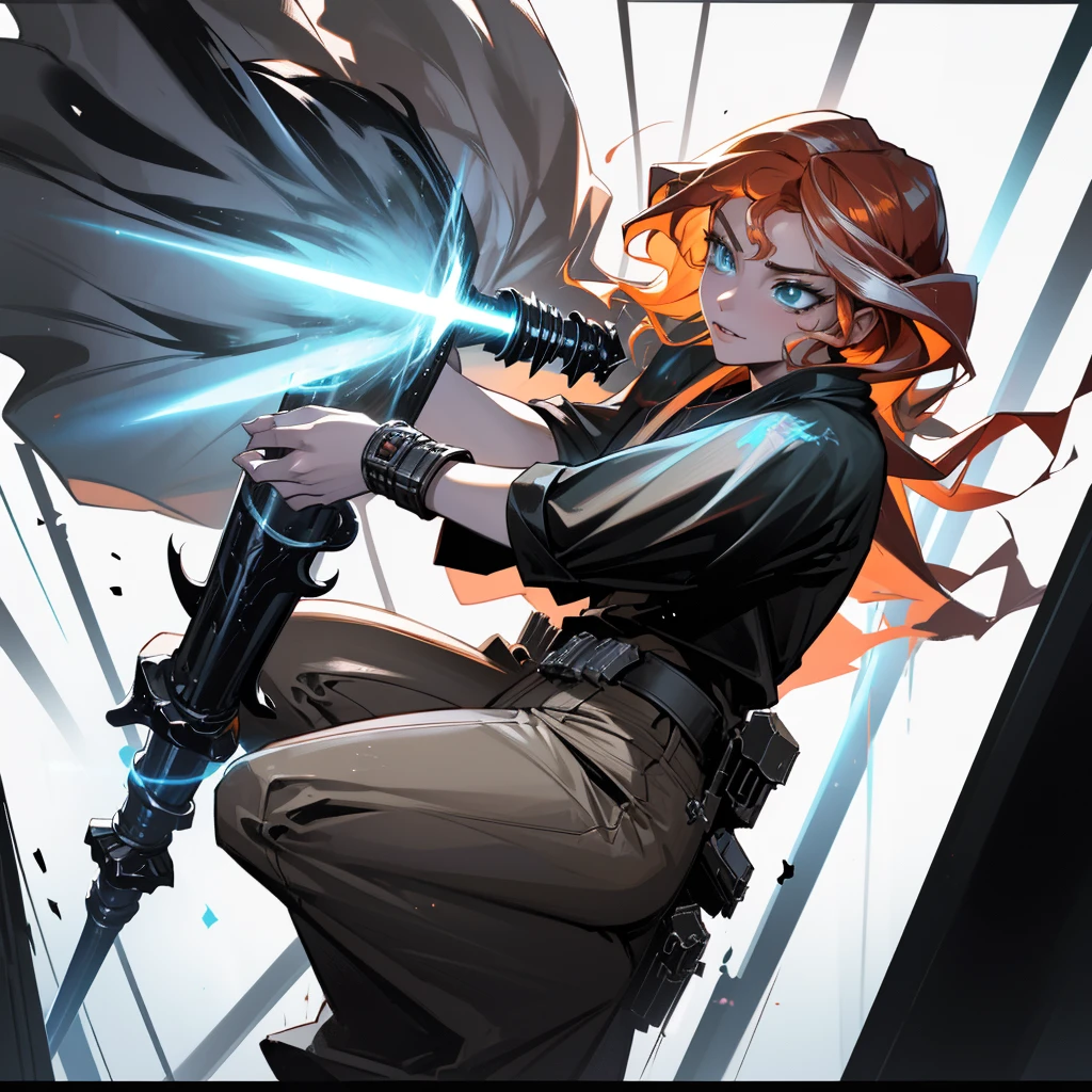 a beautiful light orange human, sunset shimmer, Jedi Knight wearing a black robe and pants, black boots, silver hilt blue bladed lightsaber, highly detailed face and features, detailed mechanical hand, cinematic lighting, dramatic atmosphere, rich colors, photorealistic, masterpiece, Star Wars, Imperial Star Destroyer in the background