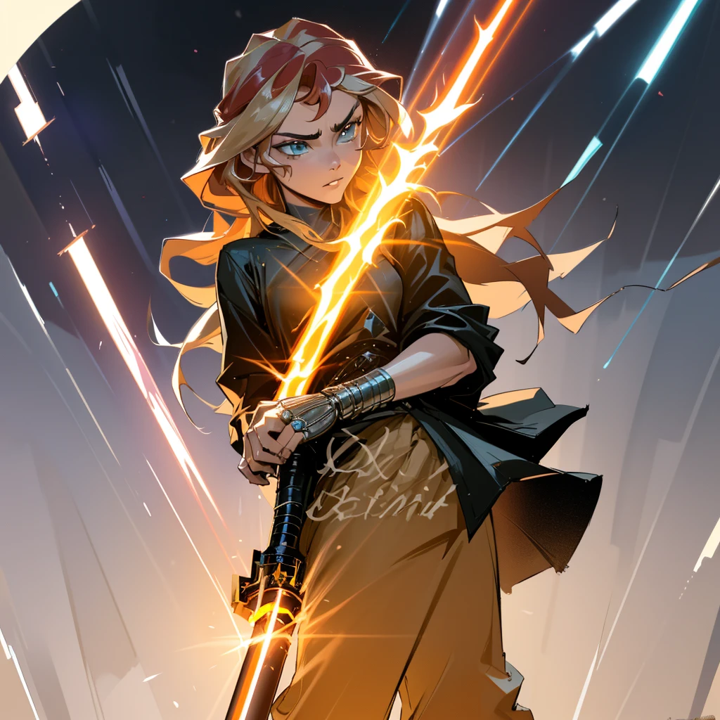 a beautiful light orange human, sunset shimmer, Jedi Knight wearing a black robe and pants, black boots, silver hilt blue bladed lightsaber, highly detailed face and features, detailed mechanical hand, cinematic lighting, dramatic atmosphere, rich colors, photorealistic, masterpiece, Star Wars, Imperial Star Destroyer in the background