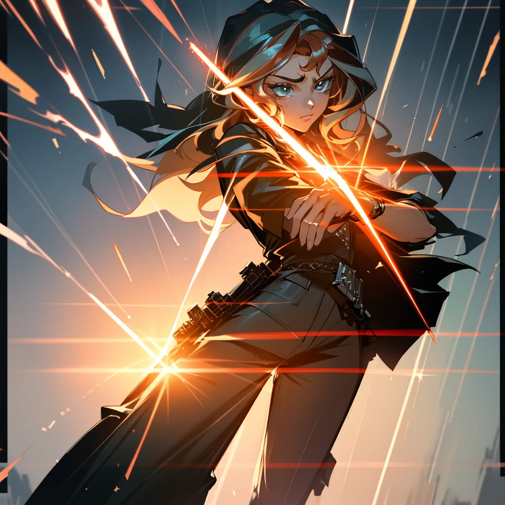 a beautiful light orange human, sunset shimmer, Jedi Knight wearing a black robe and pants, black boots, silver hilt blue bladed lightsaber, highly detailed face and features, detailed mechanical hand, cinematic lighting, dramatic atmosphere, rich colors, photorealistic, masterpiece, Star Wars, Imperial Star Destroyer in the background