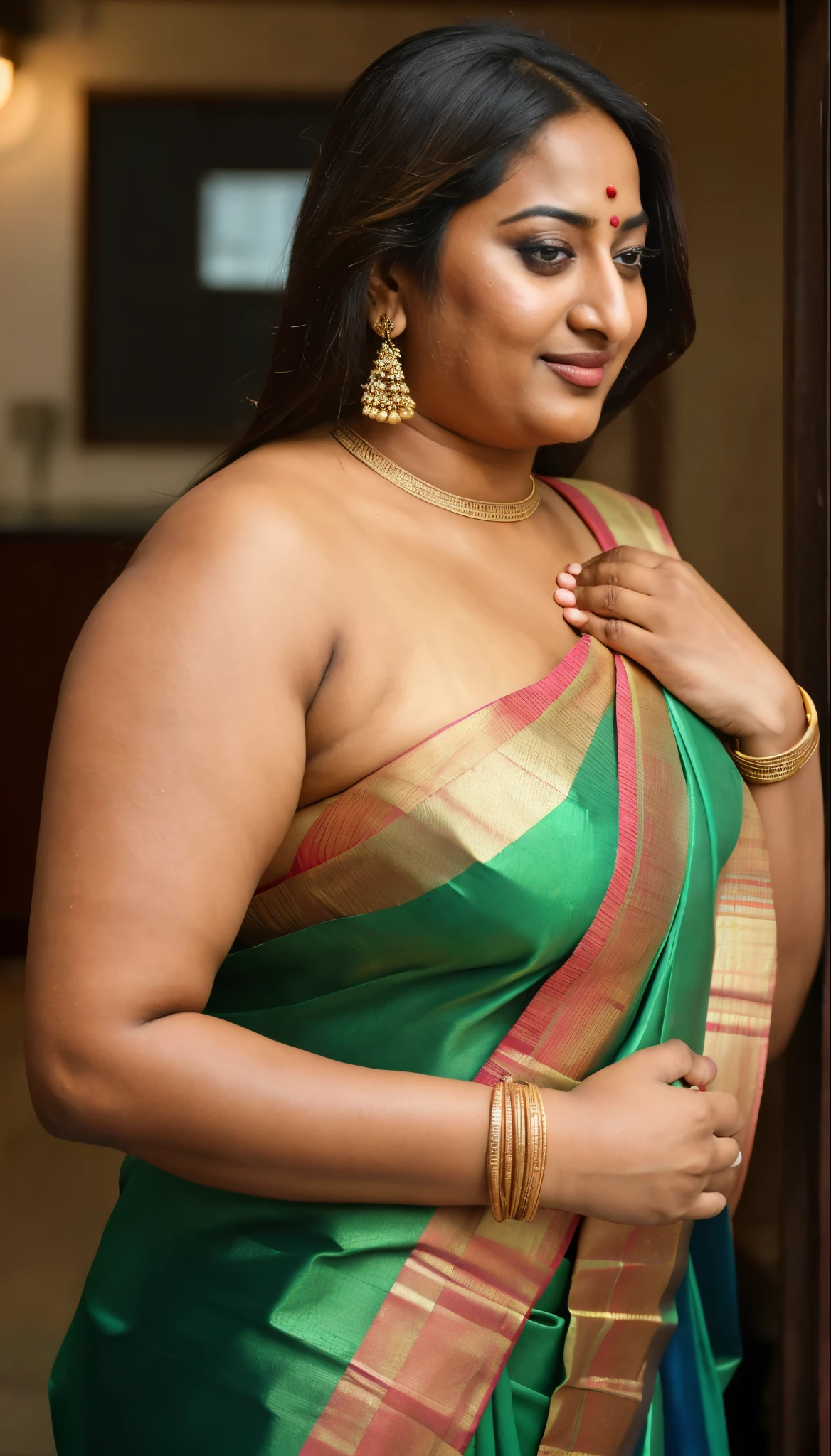Foto RAW, photorealistic, photography, full body shot, 50 years old Woman, master shot, perfect eyes, goddess like beauty, pierced eyes, perfect thick chubby mallu Desi aunty bhabhi, Wearing a Stanapatta, a chest-band.Saree model, model Photography, Indian saree shoot, Indian traditional wear advertising photography, traditional wear brand shoot, face of Indian actress Sonakshi Sinha, masterpiece, realistic, realism, incredible details, pleasure, photorealism, detailed skin, skin pores, high contrast, photorealistic Artstation 8k HD digital art trend of high definition and detailed realistic skin texture, ultra detail, realistic skin texture, armature, best quality, ultra high definition, (photorealistic:1.4),, high resolution, detail, raw photo, sweat, Re sharp, by Lee Jefferies Nikon D850 Film Stock Photo 4 Kodak Portra 400 Camera F1.6 Lens Rich Color Ultra Real Realistic Realistic Textures Dramatic Lighting Unreal Engine Trending at Art Station Cinestill 800,(pele altamente detalhada: 1.2), 8k UHD, DSLR, soft-lighting, alta qualidade, grain of film, Fujifilm XT3,she didn't like to wear blouse or bra, she is happy to wear only saree, she hates blouse or bra, detailed hairy armpits, hyper realistic skin, skin pores, sweat, veins, short hairs on armpit, stubble armpits, hyper realistic hairy armpits, low waist saree,