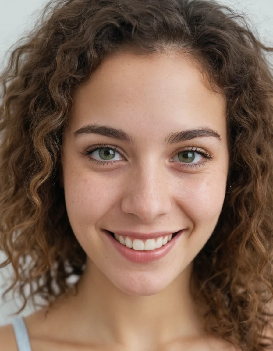 une femme magnifique de 25 ans , léger sourire , visage et yeux détaillés , cheveux bouclés, grain de film, faible contraste, visage naturel , cheveux noirs , yeux verts ,Gros seins, en sous vêtement