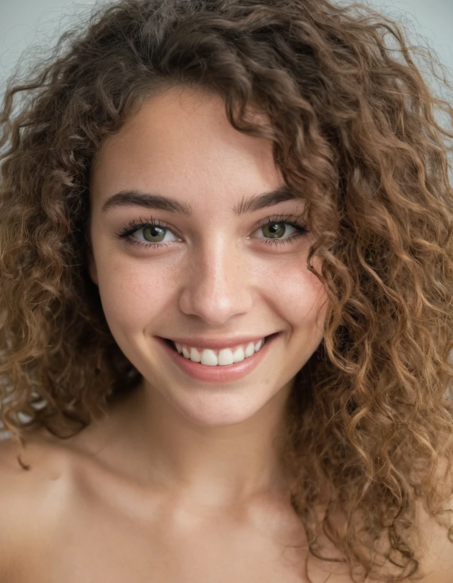 une femme magnifique de 25 ans , léger sourire , visage et yeux détaillés , cheveux bouclés, grain de film, faible contraste, visage naturel , cheveux noirs , yeux verts ,Gros seins, en sous vêtement