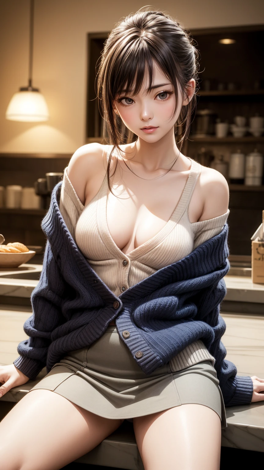 8K quality、High resolution、Realistic skin texture、High resolutionの瞳、Man sleeping on the counter、Woman straddling a man、A female cafe owner seduces a male customer、A neat cardigan and a mini skirt、thin、Model Body Type、Small breasts、Off the shoulder、Realistic female genitalia