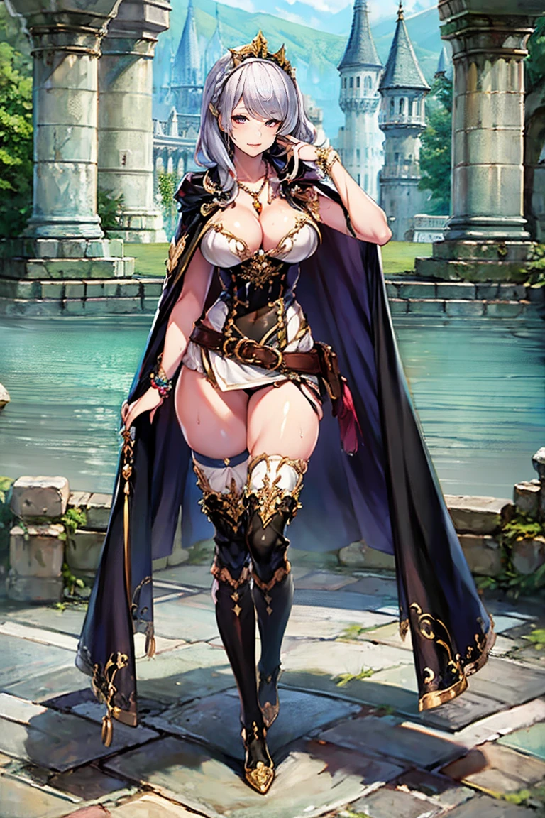 (masterpiece, best quality:1.2), 1girl, solo, tiara, silver hair, red eyes, cleavage, (30 years old) , woman, long hair, beautiful, masterwork, ultra high res, ultra detailed, super fine illustration, cg unity 8k wallpaper, perfect eyes, ultra detailed beautiful face, perfect hands, adult, (((black cape))), gleaming skin, oil skin, shiny skin, sweat, lips, crown braid, jewelry, necklace, long sleeves, ring, covered navel, lips, dress, belt, skirt, (((corset))), full body, white thighhighs, middle boots, dare thighs, black clothes, waist clothes,