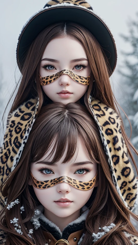 CG art, plump girl with pale skin, Brown hair, dressed in snow leopard clothes, snow leopard mask on the face, stylish witch mask