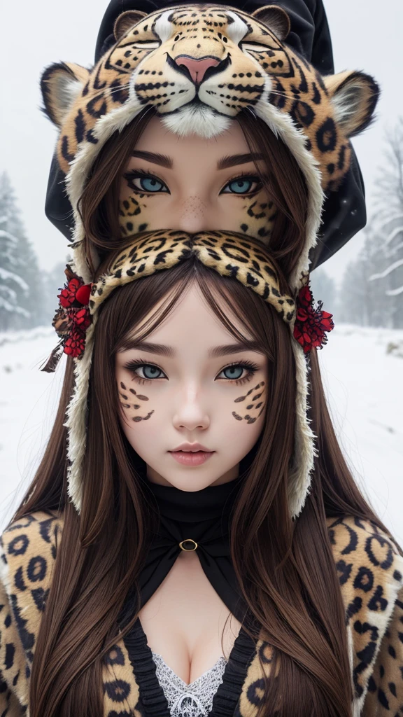 CG art, plump girl with pale skin, Brown hair, dressed in snow leopard clothes, snow leopard mask on the face, stylish witch mask