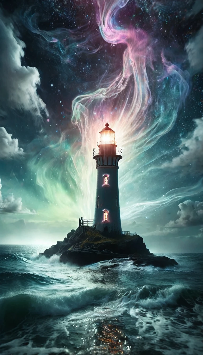 a majestic lighthouse standing amidst a swirling galaxy of neon lights and cosmic clouds. The lighthouse itself is adorned with intricate patterns resembling constellations, casting a brilliant beam of light that merges with the aurora borealis dancing overhead. Surrounding the scene are whimsical creatures inspired by deep-sea bioluminescence, gently floating in the ether like ethereal guardians. The entire composition is bathed in a surreal, otherworldly glow, blending elements of fantasy and cosmic wonder. Ultra realistic photo, 16k vibrant colors