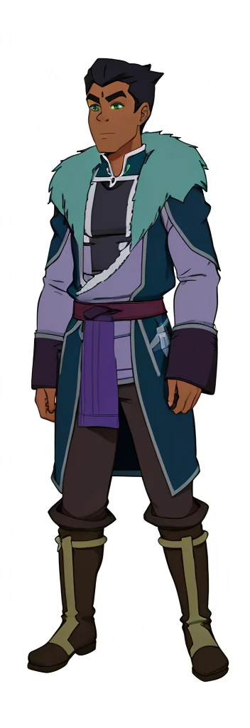 African-American, Bolin, water tribe traditional clothing mixed of blue and purple, with fur in shoulders and neck. Long sleeve, skinny, water tribe outfit. The character is wearing a blue, short-sleeved tunic with gold trim and fastenings down the front and fur collar, and fur on the shoulders. He has on dark purple pants tucked into knee-high boots. A green sash is tied around his waist. The overall style appears to be inspired by traditional East Asian clothing designs., fur on sleeves and shoulders, clothing mixed of water tribe purple and blue color and dark purple pants and skinny 
