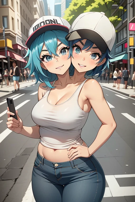 2 heads, a short pudgy woman with 2 heads. Outside on a city street. Wearing a tank top, wearing jeans. Neon hair. Wearing snapback hat. Mature. Happy, smiling. Thin face. Sexy, seductive. Big lips. Adorable. Girlfriend. Happy. Shortstack, midget. Extremely short, tiny. Short arms and legs. High angle, looking up to viewer. POV selfie, taking a selfie.
