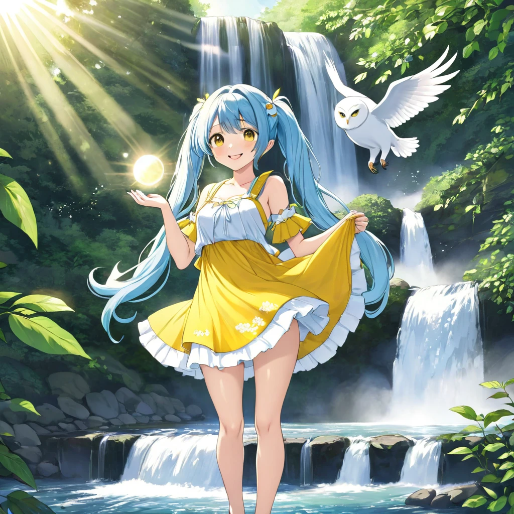 Sexy beauty，Beautiful Japanese Landscape、Big waterfall，Sunlight shines through the green leaves、Yellow half dress、Light blue long hair、Beautiful girl with twin tails、Look up at the sky、Bright smile、white owl flying
