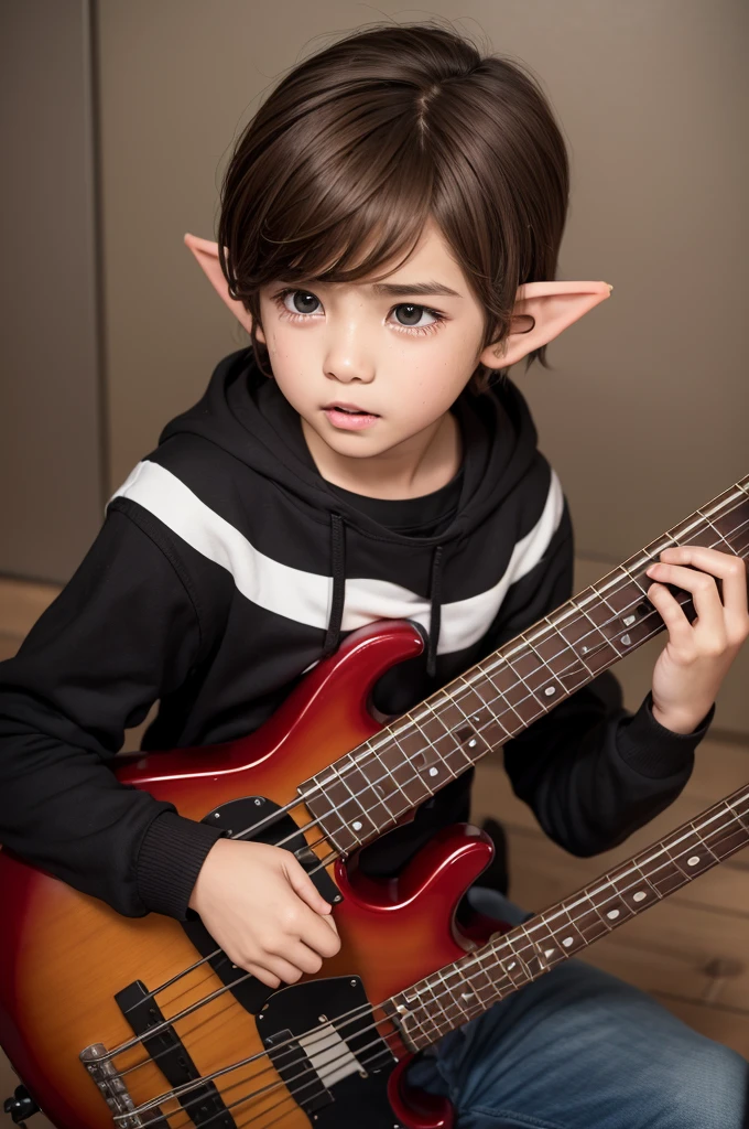 Cute boy with brown hair, dark-skinned, bass guitar, with elf ears, with cold clothes crying sitting