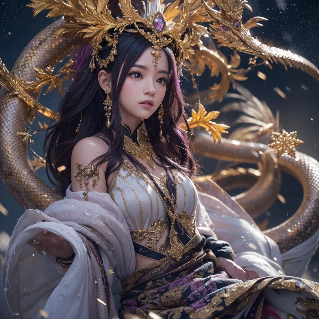 32k(masterpiece,Kilo,Hyper HD,32k)Purple pink flowing hair,Gold jewelry area in the back room,King Girl ,Rusted Copper Dragon Guardian (Realistically:1.4),Python print robe,Purple Pink Tiara,Scattering of snowflakes,The background is pure,Hold your head high,I am proud,The nostrils see the person, High resolution, detailed, RAW Photos, sharp, Nikon D850 film stock photo by Jefferies Lee 4 Kodak Portra 400 camera F1.6 shots, Rich colors, Ultra-realistic vivid textures, Dramatic lighting, Unreal Engine Art Station Trends, Cinestia 800,Hold your head high,I am proud,The nostrils see the person,Tsundere,Scattering of snowflakes,Scattering of snowflakes,Scattering of snowflakes,Scattering of snowflakes,perfection,( Streamlined Design, Clear lines, High sharpness,Highest quality, Very detailed, masterpiece, Official Art, Cinematic Lighting Effects, 4K )