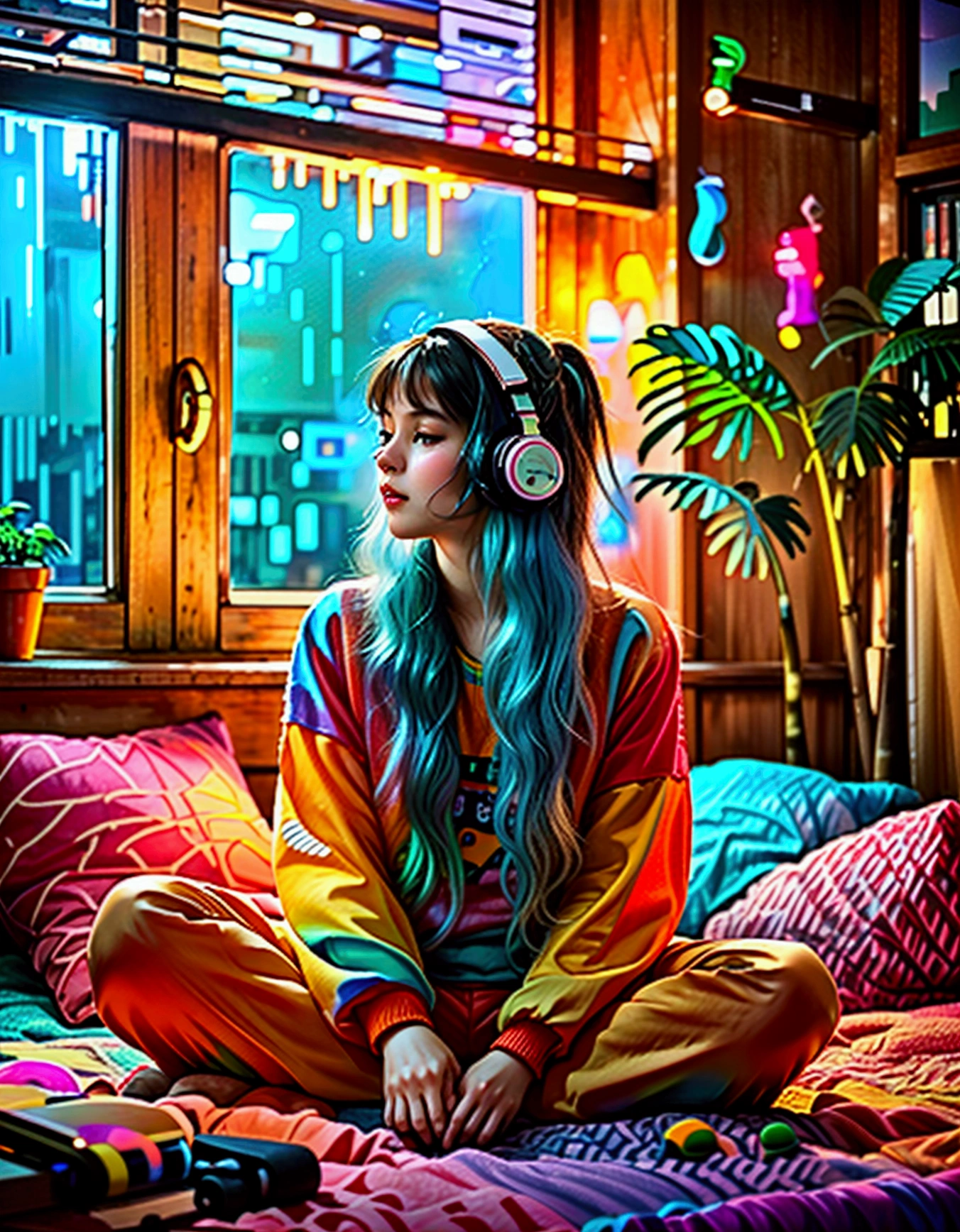 European Hippie Girl meditating in her room, dreaming, Wear headphones, night lights, Neon landscape on a rainy day, Analog Color Theme, Lo-Fi Hip Hop , retrospective, flat, 2.5D ,Draw a line, Ink Drawing, Large slope, Watercolor painting, Goosch Colors, Studio Ghibli Style, Awesome colorful, Outer Ton, krautrock, lofi art, 70s style,Old texture, amplitude,psychedelic vibe, masterpiece, Tremendous technology,