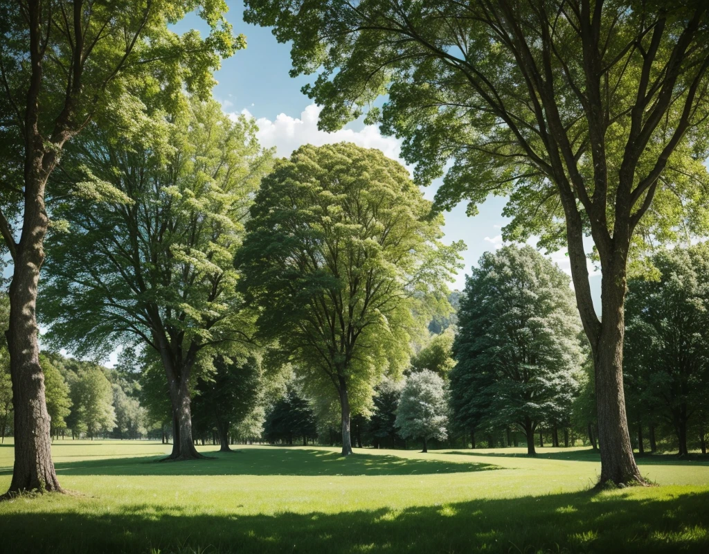 A scene of a lush field with vibrant green grass and majestic trees, saturated in vivid colors that convey the intensity of the emotional connection described.