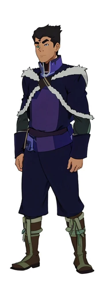 African-American, Bolin, water tribe traditional clothing mixed of blue and purple, with fur in shoulders and neck. Long sleeve, skinny, water tribe outfit. The character is wearing a blue, short-sleeved tunic with gold trim and fastenings down the front and fur collar, and fur on the shoulders. He has on dark purple pants tucked into knee-high boots. A green sash is tied around his waist. The overall style appears to be inspired by traditional East Asian clothing designs., fur on sleeves and shoulders, clothing mixed of water tribe purple and blue color and dark purple pants and skinny