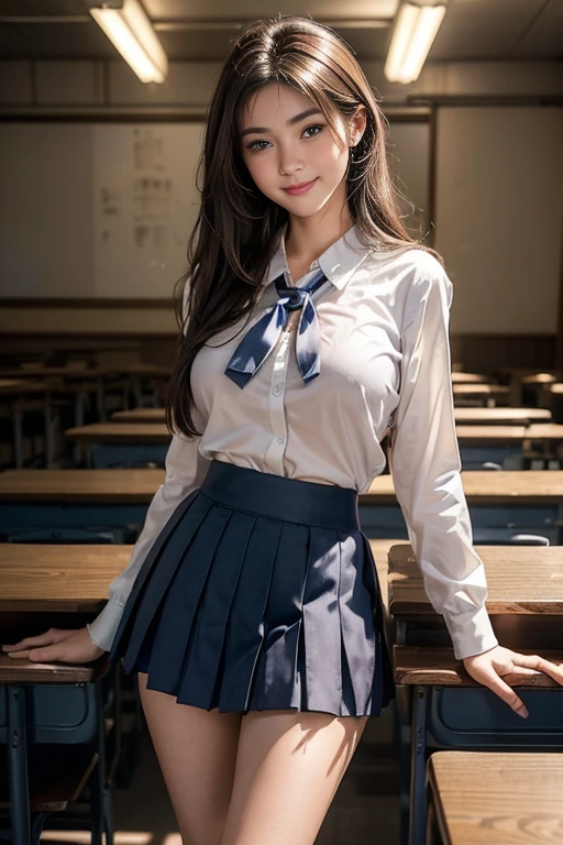 ((Beautiful Japanese Girls:1.3)) ((School uniform:1.4)) ((Panty shot:1.5)) ((high school)),((Dark blue skirt:1.3)) ((In the classroom:1.3)) ((thin_fabric:1.4)) ((Random sexy poses:1.3)) ((Sweaty:1.5))((Blushing:1.4)) ((Big Breasts:1.4)) ((close:1.2)) Highest quality,masterpiece,Ultra-high resolution,(Realistic:1.4),RAW Photos,(Real skin texture:1.3),(Film Grain:1.3),Panorama,Character Portrait,Very wide shot,Tight waist,Cowboy Shot,(In the Dark, Deep Shadow, Modest, Cold Light,) night,(()),Tears flow,,Dust,Tyndall effect,(Performance),One girl,Beautiful and detailed eyes and face,White Jabot,Brown eyes,((Brown Hair:1.2)) ((whole body:1.3)) ((smile:1.3))