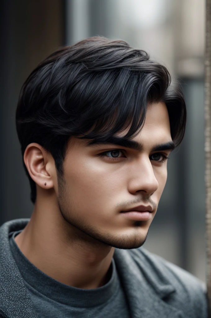 There is a young man, with black hair, staring to the side, with gloomy air, masterpiece, best quality, realistic, 1 man, male focus, handsome, [thick eyebrows], portrait, extremely detailed face, black hair, (short hair)