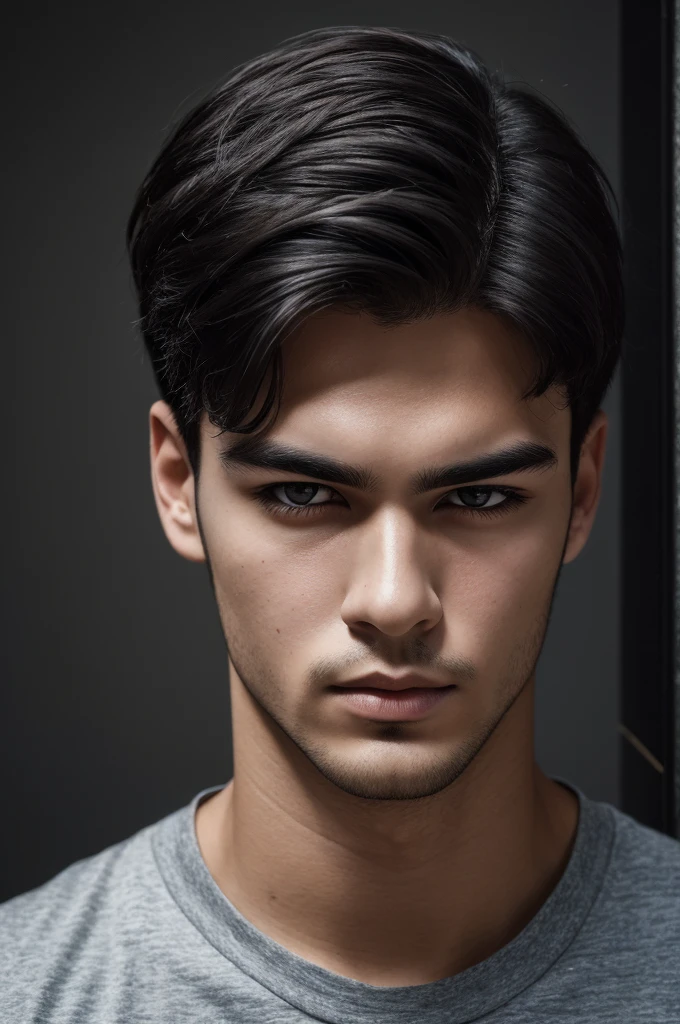 There is a young man, with black hair, staring to the side, with gloomy air, masterpiece, best quality, realistic, 1 man, male focus, handsome, [thick eyebrows], portrait, extremely detailed face, black hair, (short hair)