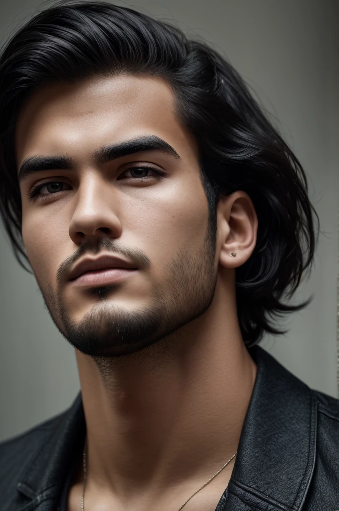 There is a young man, with black hair, staring to the side, with gloomy air, masterpiece, best quality, realistic, 1 man, male focus, handsome, [thick eyebrows], portrait, extremely detailed face, black hair, (short hair)