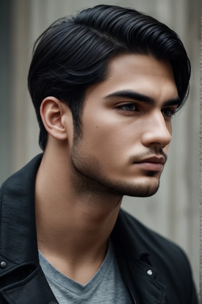 There is a young man, with black hair, staring to the side, with gloomy air, masterpiece, best quality, realistic, 1 man, male focus, handsome, [thick eyebrows], portrait, extremely detailed face, black hair, (short hair)