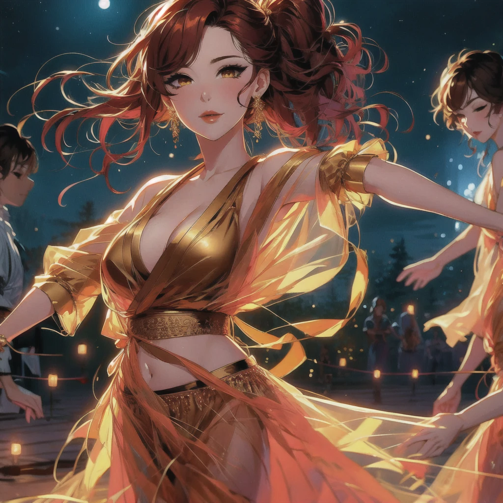 (masterpiece, best quality: 1,2), 1women, Xian mei, unique golden eyes, long red curly hair, jewelry, perfect anatomy, traditional belly dance dress, sexy, hot, beautiful background, belly dance, dancing, beautiful dance,