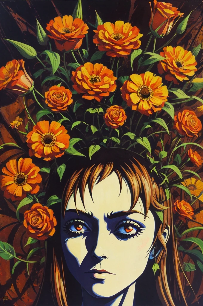 Iron Maiden, Vector, few flowers, distorted art, spooky, sixties style, Oil painting.