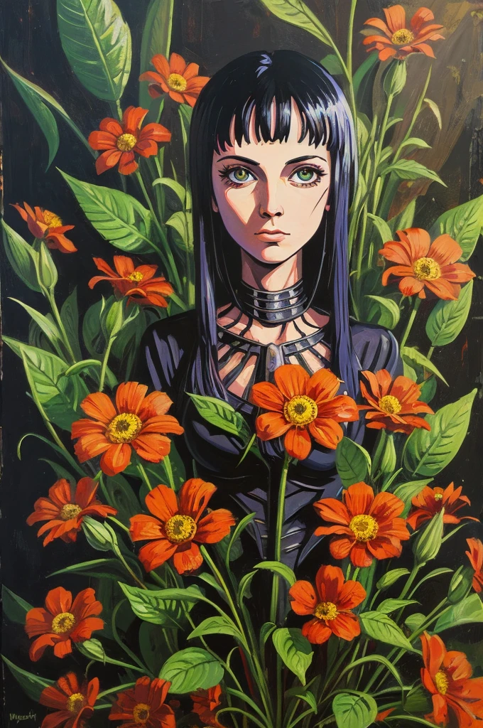 Iron Maiden, Vector, few flowers, distorted art, spooky, sixties style, Oil painting.