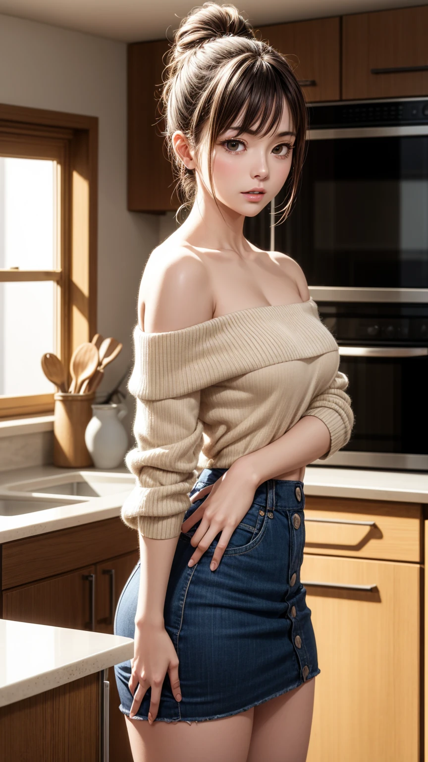 8K quality、High resolution、Realistic skin texture、High resolutionの瞳、Man standing in kitchen、Woman pressing her butt against man、A housewife seduces a man、A neat U-neck and a mini skirt、thin、Model Body Type、Ripe body、Off the shoulder、Realistic female genitalia