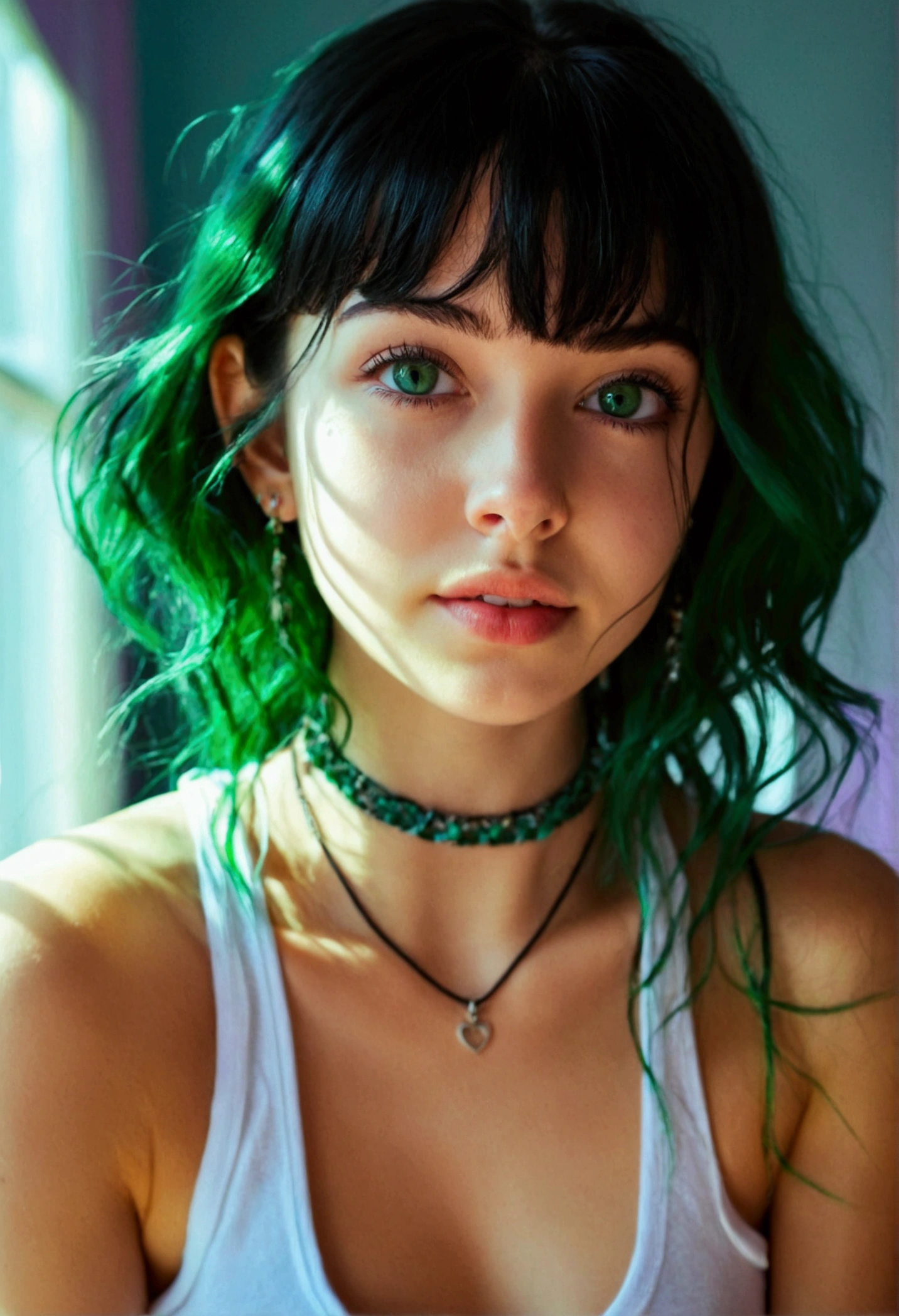 arafed woman with a white tank top and a necklace, sexy girl with green eyes, portrait sophie mudd, black hair and large eyes, selfie of a young woman, bedroom eyes, violet myers, without makeup, natural makeup, looking directly at the camera, face with artgram, subtle makeup, stunning full body shot, piercing green eyes and have a good smile real face girl look real person, no dress