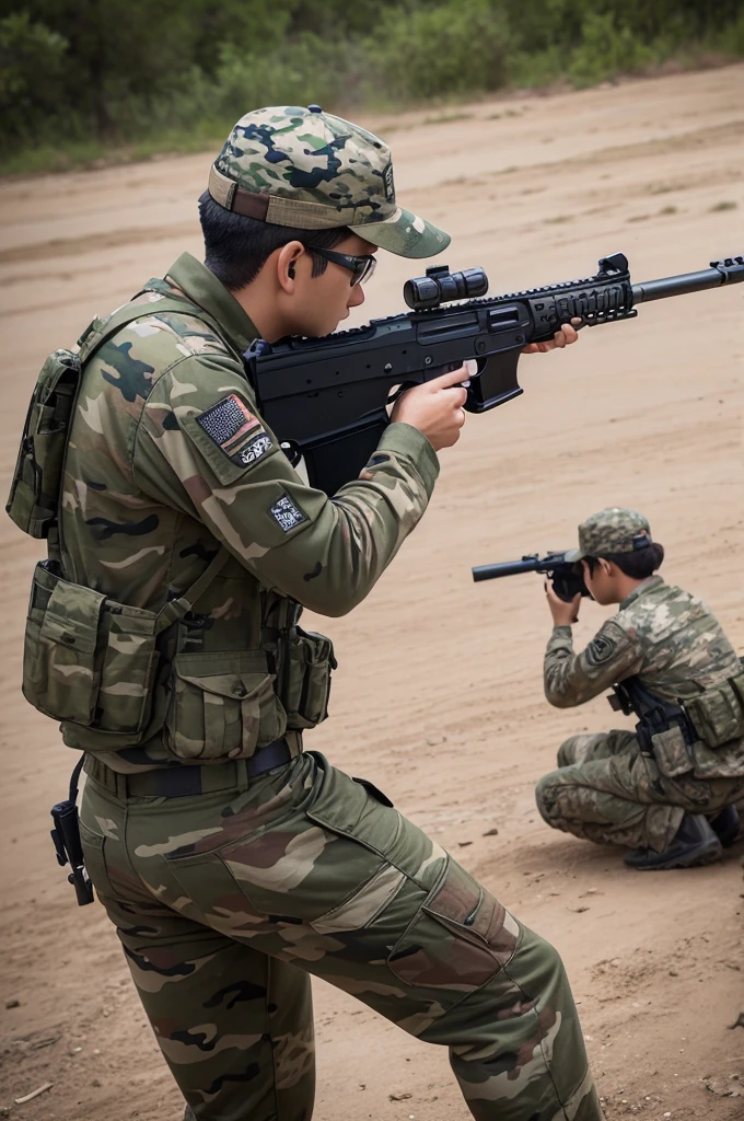 Drawing of a person shooting another with a pistol wearing camouflage clothing