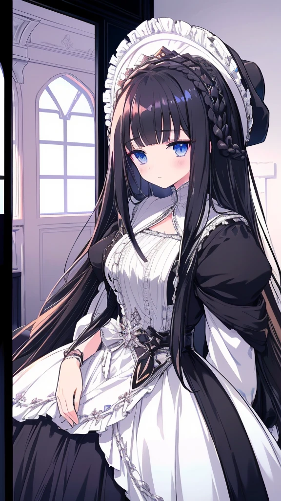 best quality, extremely detailed, anime style girl, long hair down to the waist, straight hair, ((dark black hair with bluish)),crown braid,beautiful detailed eyes, pinched eyes, dark blue eyes, gradation eyes,huge breasts,((((white English noblewoman's clothes)))),Luxury English hats,((Inside the carriage)),from side