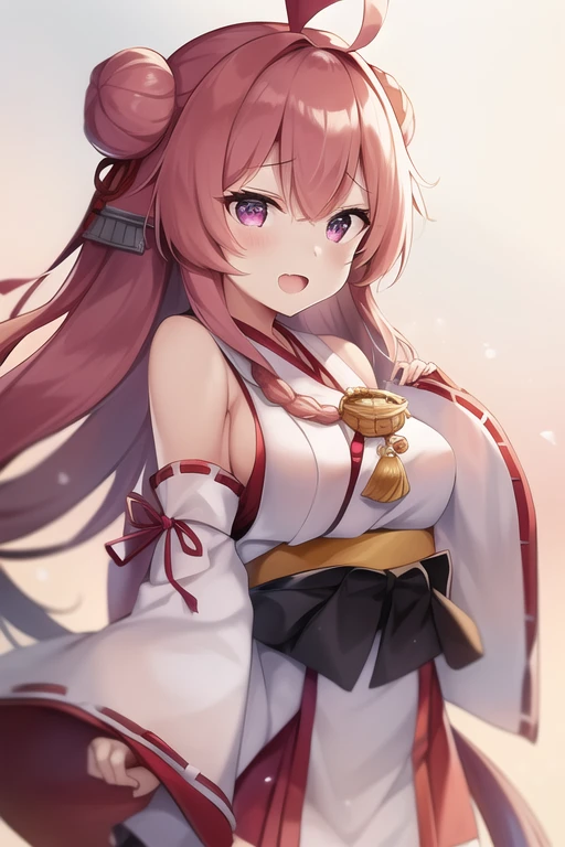 One girl, alone, Long Hair, King Kongu (Kantai Collection),Sakura Miko, Pink Hair, Double Bang, Purple eyes, Hair Bun, Ahoge, Open your mouth, Non-traditional Shrine Maiden, Removable sleeves, Brown eyes, White Background, (headgear):2, (Hair Bunド):2, smile, Sleeves edged with ribbon, Simple Background, kimono, Ribbon trim, View your viewers,  username, Upper Body, Wide sleeves, :d, King Kong