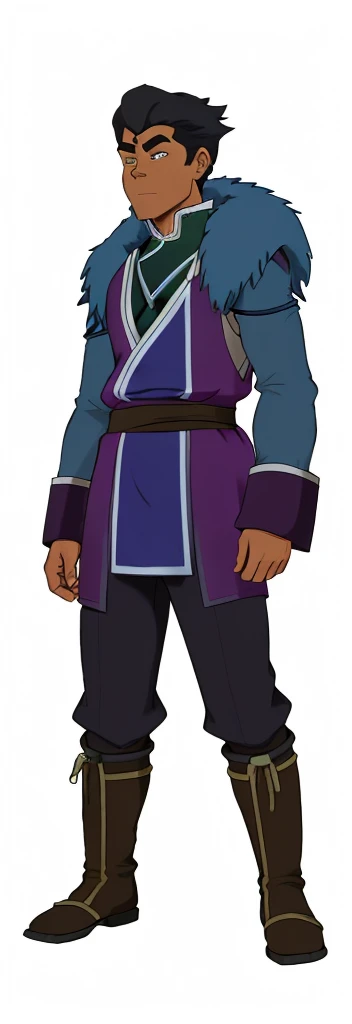 African-American, Bolin, water tribe traditional clothing mixed of blue and purple, with fur in shoulders and neck. Long sleeve, skinny, water tribe outfit. The character is wearing a blue, short-sleeved tunic with gold trim and fastenings down the front and fur collar, and fur on the shoulders. He has on dark purple pants tucked into knee-high boots. A green sash is tied around his waist. The overall style appears to be inspired by traditional East Asian clothing designs., fur on sleeves and shoulders, clothing mixed of water tribe purple and blue color and dark purple pants and skinny