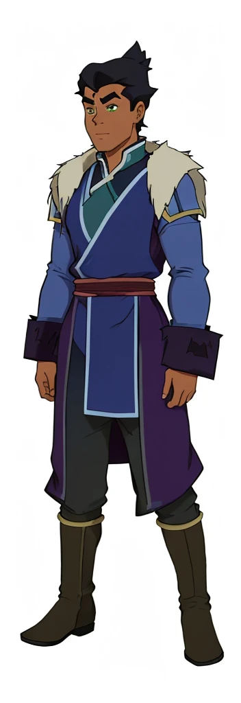 African-American, Bolin, water tribe traditional clothing mixed of blue and purple, with fur in shoulders and neck. Long sleeve, skinny, water tribe outfit. The character is wearing a blue, short-sleeved tunic with gold trim and fastenings down the front and fur collar, and fur on the shoulders. He has on dark purple pants tucked into knee-high boots. A green sash is tied around his waist. The overall style appears to be inspired by traditional East Asian clothing designs., fur on sleeves and shoulders, clothing mixed of water tribe purple and blue color and dark purple pants and skinny
