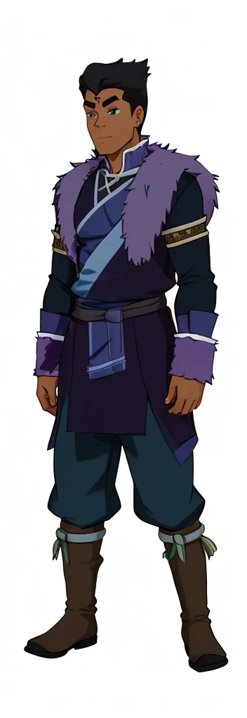 African-American, Bolin, water tribe traditional clothing mixed of blue and purple, with fur in shoulders and neck. Long sleeve, skinny, water tribe outfit. The character is wearing a blue, short-sleeved tunic with gold trim and fastenings down the front and fur collar, and fur on the shoulders. He has on dark purple pants tucked into knee-high boots. A green sash is tied around his waist. The overall style appears to be inspired by traditional East Asian clothing designs., fur on sleeves and shoulders, clothing mixed of water tribe purple and blue color and dark purple pants and skinny 