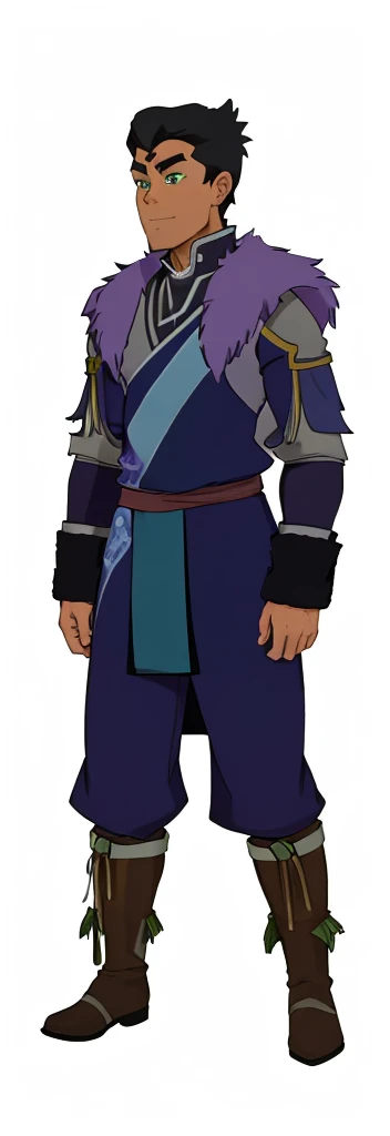 African-American, Bolin, water tribe traditional clothing mixed of blue and purple, with fur in shoulders and neck. Long sleeve, skinny, water tribe outfit. The character is wearing a blue, short-sleeved tunic with gold trim and fastenings down the front and fur collar, and fur on the shoulders. He has on dark purple pants tucked into knee-high boots. A green sash is tied around his waist. The overall style appears to be inspired by traditional East Asian clothing designs., fur on sleeves and shoulders, clothing mixed of water tribe purple and blue color and dark purple pants and skinny 