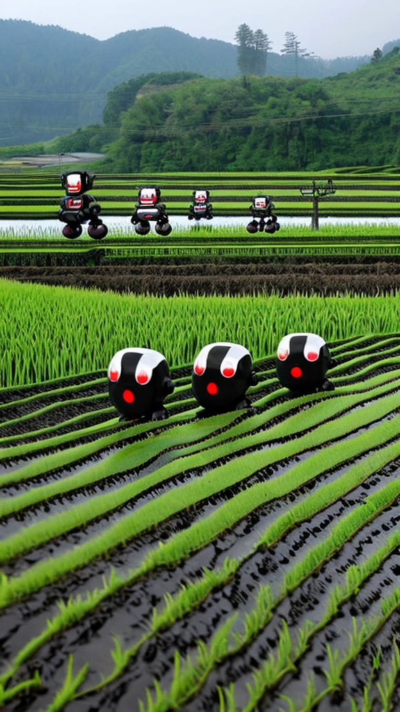Small robots, Japanese rice fields, full of robots, lots of robots, walking robots, scary