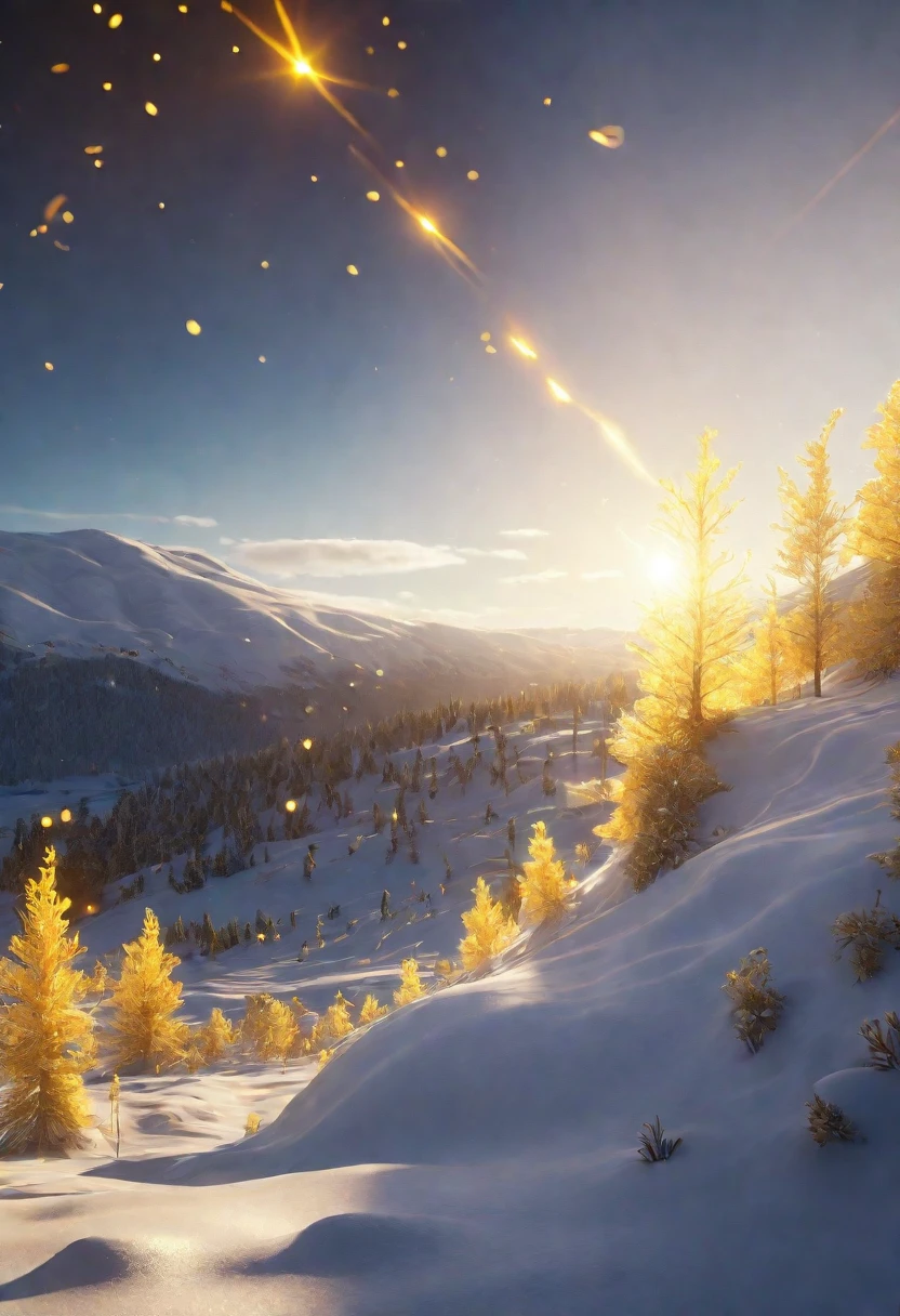 Close-up of a snowy landscape illuminated by yellow light, Golden Heavenly Light, Shining Snow, Golden mystical light, Golden Meteor, Golden Hour Firefly Wisps, solar flare unreal engine, Unreal 6 Breathtakingly detailed, Gold Spark, Highly detailed digital art in 4K, Complex and shining atmosphere, Shining golden aura, Gold Glow, Beautiful Art UHD 4K, Unreal Engine Art