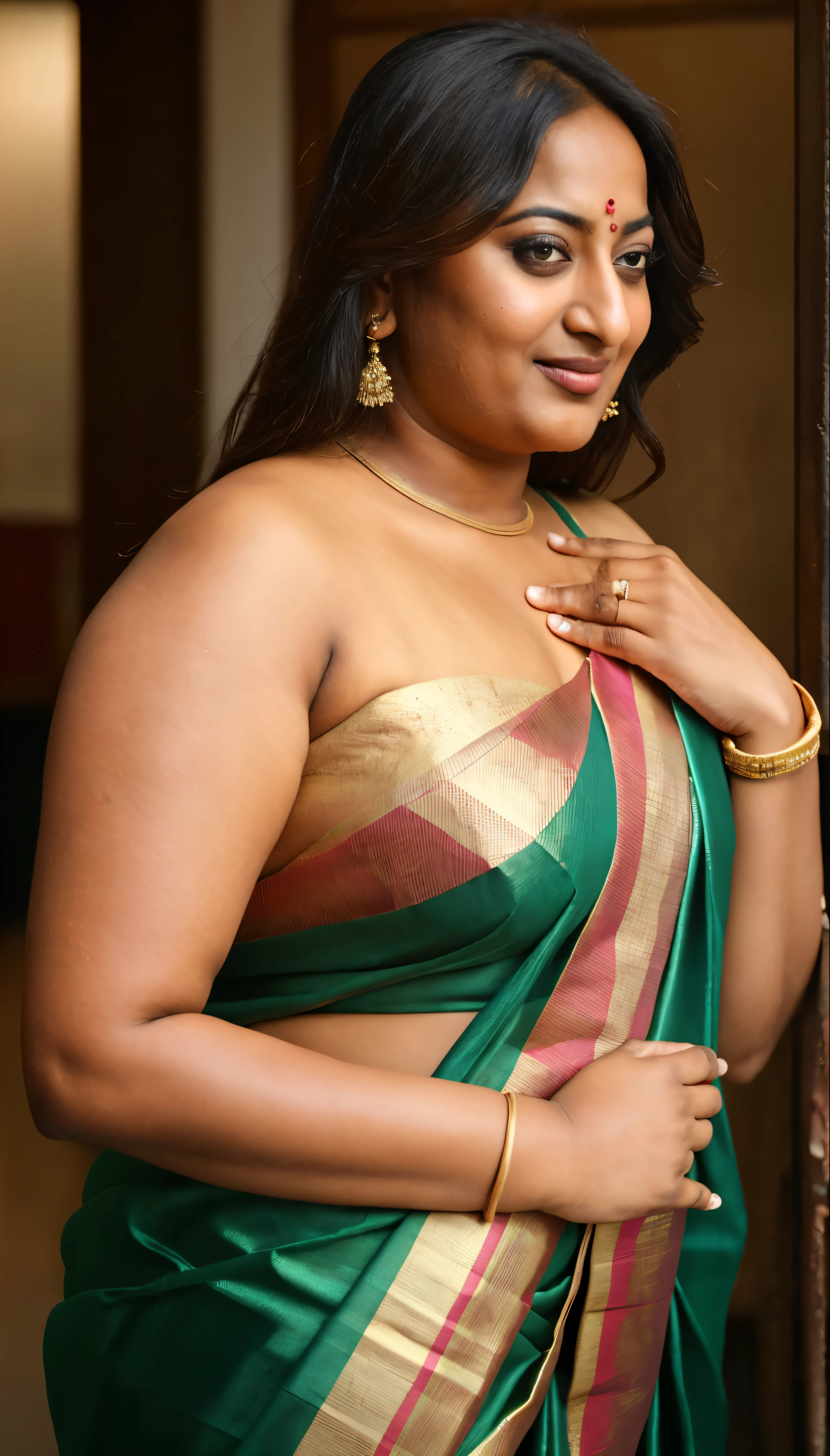 Foto RAW, photorealistic, photography, full body shot, 50 years old Woman, master shot, perfect eyes, goddess like beauty, pierced eyes, perfect thick chubby mallu Desi aunty bhabhi, Wearing a Stanapatta, a chest-band.Saree model, model Photography, Indian saree shoot, Indian traditional wear advertising photography, traditional wear brand shoot, face of Indian actress Sonakshi Sinha, masterpiece, realistic, realism, incredible details,  pleasure, photorealism, detailed skin, skin pores, high contrast, photorealistic Artstation 8k HD digital art trend of high definition and detailed realistic skin texture, ultra detail, realistic skin texture, armature, best quality, ultra high definition, (photorealistic:1.4),, high resolution, detail, raw photo, sweat, Re sharp, by Lee Jefferies Nikon D850 Film Stock Photo 4 Kodak Portra 400 Camera F1.6 Lens Rich Color Ultra Real Realistic Realistic Textures Dramatic Lighting Unreal Engine Trending at Art Station Cinestill 800,(pele altamente detalhada: 1.2), 8k UHD, DSLR, soft-lighting, alta qualidade, grain of film, Fujifilm XT3,she didn't like to wear blouse or bra, she is happy to wear only saree, she hates blouse or bra, detailed hairy armpits, hyper realistic skin, skin pores, sweat, veins, short hairs on armpit, stubble armpits, hyper realistic hairy armpits, low waist saree, 
