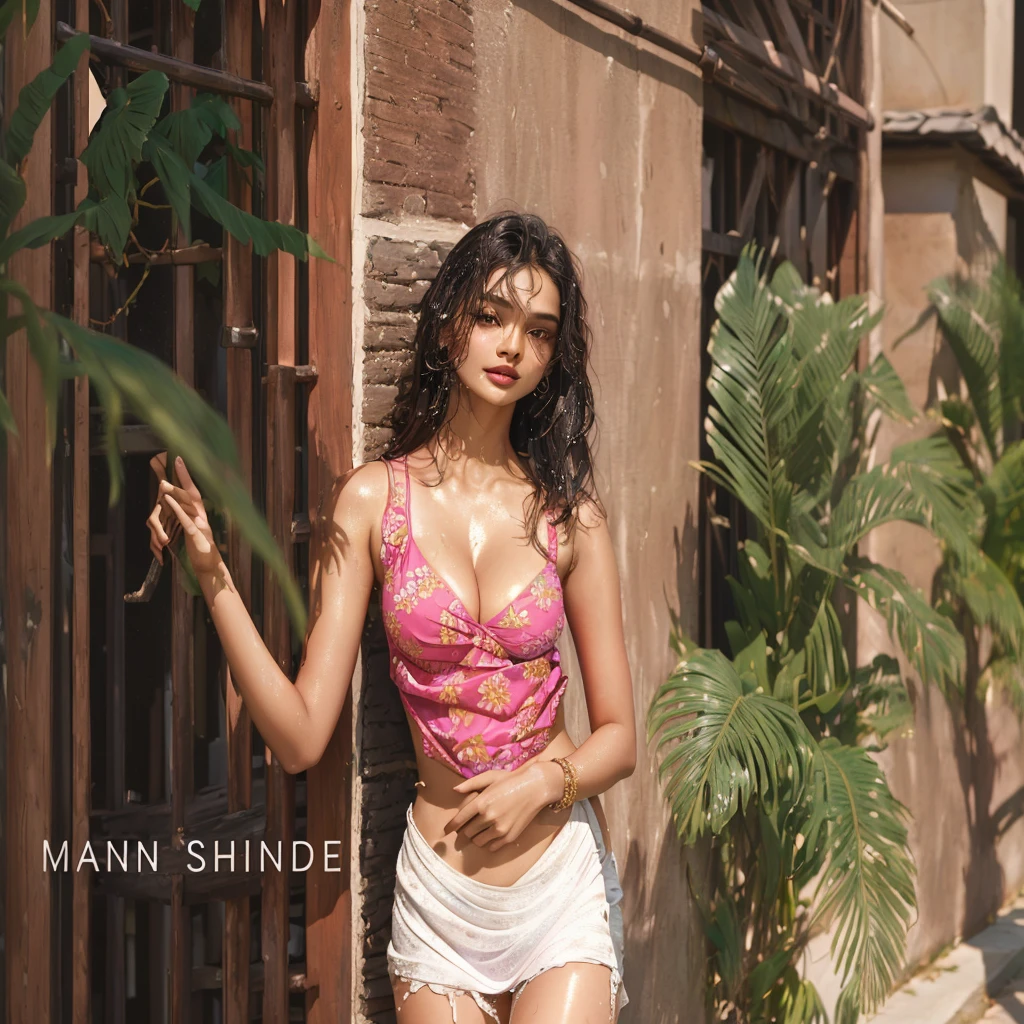 araffed woman in a pink top leaning against a wall, indian super model, by Nishida Shun'ei, with beautiful exotic, print ready, promo image, modeling shoot, by Siona Shimshi, indian, with shiny skin, side pose, indian goddess, crisp smooth lines, modeling photography, stylish pose, in shape, shot on canon eos r5, big , cleavage show , wet body,