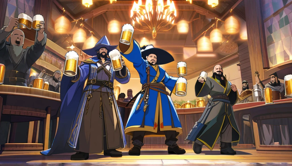 (Anime Infinite Stratus Art, 8k, ultra full high definition, epic quality, epic texture). The theme is a party in the tavern. The setting is a medieval RPG style tavern, it is extremely detailed, it is full(1.5) of men and women of different RPG classes (knights, monks, pirates, archers, and others), (((everyone is celebrating and drinking beer))) . The focus is a man, his name is Gozamell, he is 31 years old, he is a wizard, he is short in stature, he is bald, he has brown eyes, he has a long black beard, white skin, muscular, wide chest, wide hips, ((he wears a blue pointy wizard hat)), he wears a blue wizard robe and blue wizard pants, he is drinking beer, he has drunken features and is very happy, he is celebrating with the people in the scene, everyone likes him a lot, full body. The atmosphere is happy, celebratory and a lot of fun.