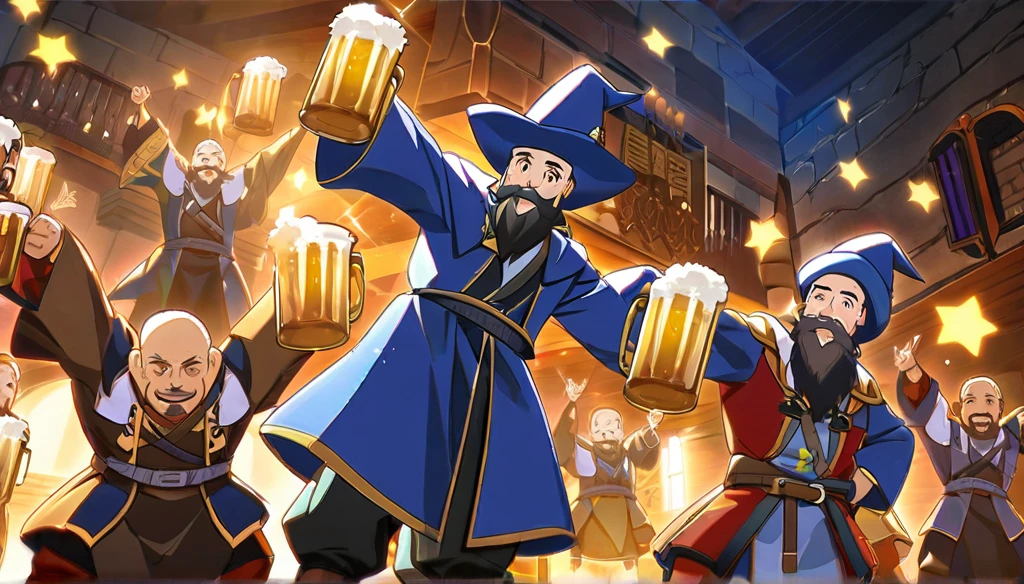 (Anime Infinite Stratus Art, 8k, ultra full high definition, epic quality, epic texture). The theme is a party in the tavern.  The setting is a medieval RPG style tavern, it is extremely detailed, it is full(1.5) of men and women of different RPG classes (knights, monks, pirates, archers, and others), (((everyone is celebrating and drinking beer))) .  The focus is a man, his name is Gozamell, he is 31 years old, he is a wizard, he is short in stature, he is bald, he has brown eyes, he has a long black beard, white skin, muscular, wide chest, wide hips, ((he wears a blue pointy wizard hat)), he wears a blue wizard robe and blue wizard pants, he is drinking beer, he has drunken features and is very happy, he is celebrating with the people in the scene, everyone likes him a lot, full body.  The atmosphere is happy, celebratory and a lot of fun.