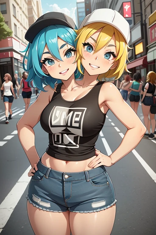2 heads, a short pudgy woman with 2 heads. Outside on a city street. Wearing a tank top, wearing jeans. Neon hair.  Wearing snapback hat. Mature. Happy, smiling. Thin face. Sexy, seductive. Big lips. Adorable. Girlfriend. Happy. Shortstack, midget. Extremely short, tiny. Short arms and legs. High angle, looking up to viewer. POV selfie, taking a selfie.