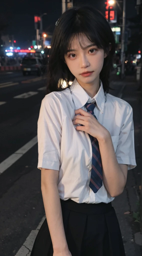 best qualtiy， Ultra-high resolution， （realisticlying：1.4），（natta），（looking at viewert：1.331），（whaite hair），posing on a，Tokyo Street，nightcityscape，Cyberpunk-city，the soft light，1girll，Extremely beautiful face，chest circumference，putdownhands，random hair style，Random expressions，largeeyes，Alvine，（short- sleeved。JK_shirt）， JK_Style， （Dark blue JK_Skirt）， （Bow JK_tie）， mix4.， best qualtiy