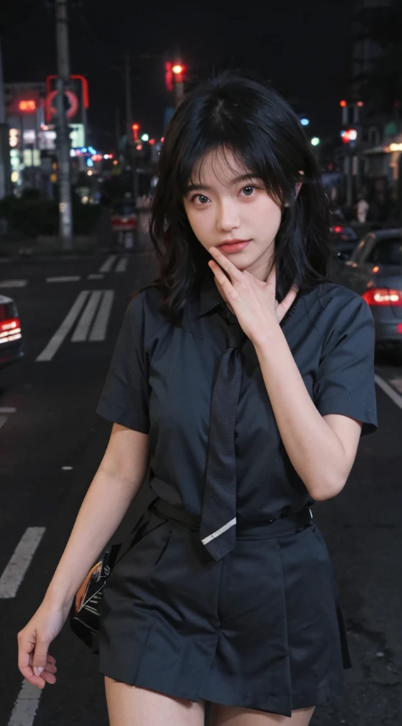 best qualtiy, Ultra-high resolution, (realisticlying:1.4),(natta),(looking at viewert:1.331),(whaite hair),posing on a,Tokyo Street,nightcityscape,Cyberpunk-city,the soft light,1girll,Extremely beautiful face,chest circumference,putdownhands,random hair style,Random expressions,largeeyes,Alvine,(short- sleeved。JK_shirt), JK_Style, (Dark blue JK_Skirt), (Bow JK_tie), mix4., best qualtiy